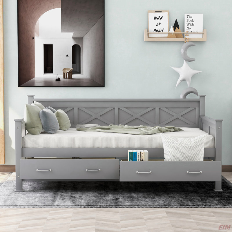 Twin Size Daybed With 2 Large Drawers, X-Shaped Frame, Modern And Rustic Casual Style Daybed (Daybed), Gray