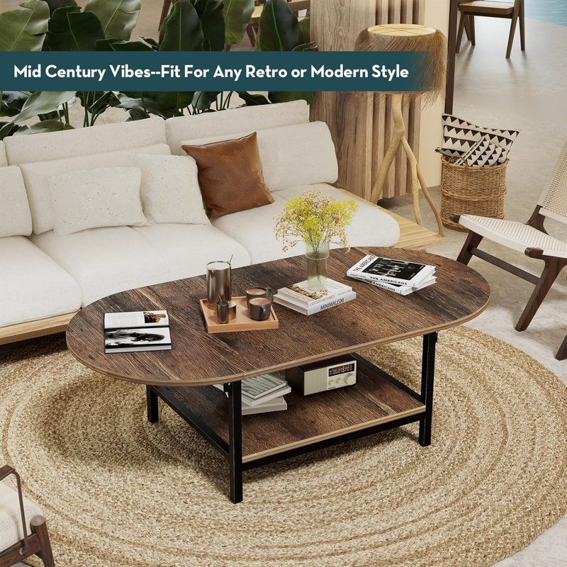Rustic Brown Oval Extendable 2-Tier Coffee Table with Metal Legs
