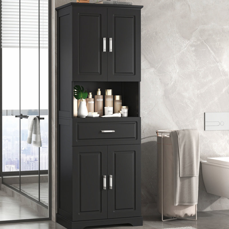 Armoire de salle de bain haute avec quatre portes et grand espace de rangement ouvert