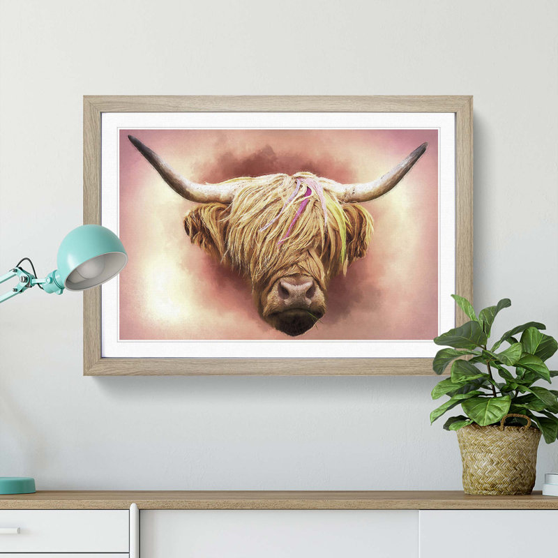 Head of a Highland Cow in Abstract by Adam BG - Picture Frame Painting Print, 36cm H x 48cm W x 2cm D, Oak Framed