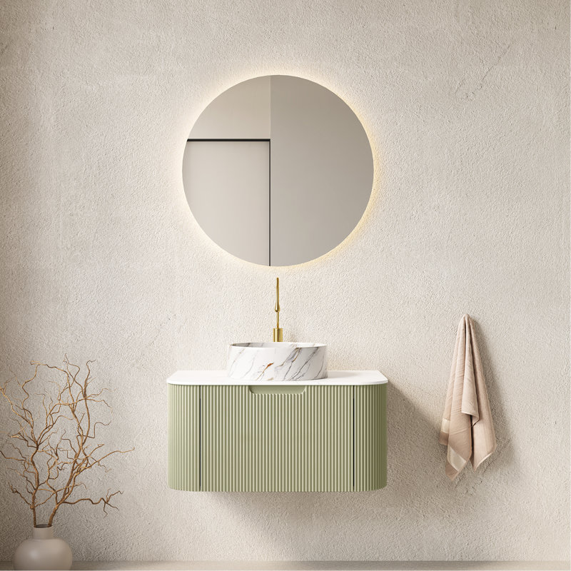 Meuble-lavabo 30 po avec lavabo, lavabo rond en céramique blanc, finition rayée 3D, pré-assemblé, comptoir, contreplaqué, 30"