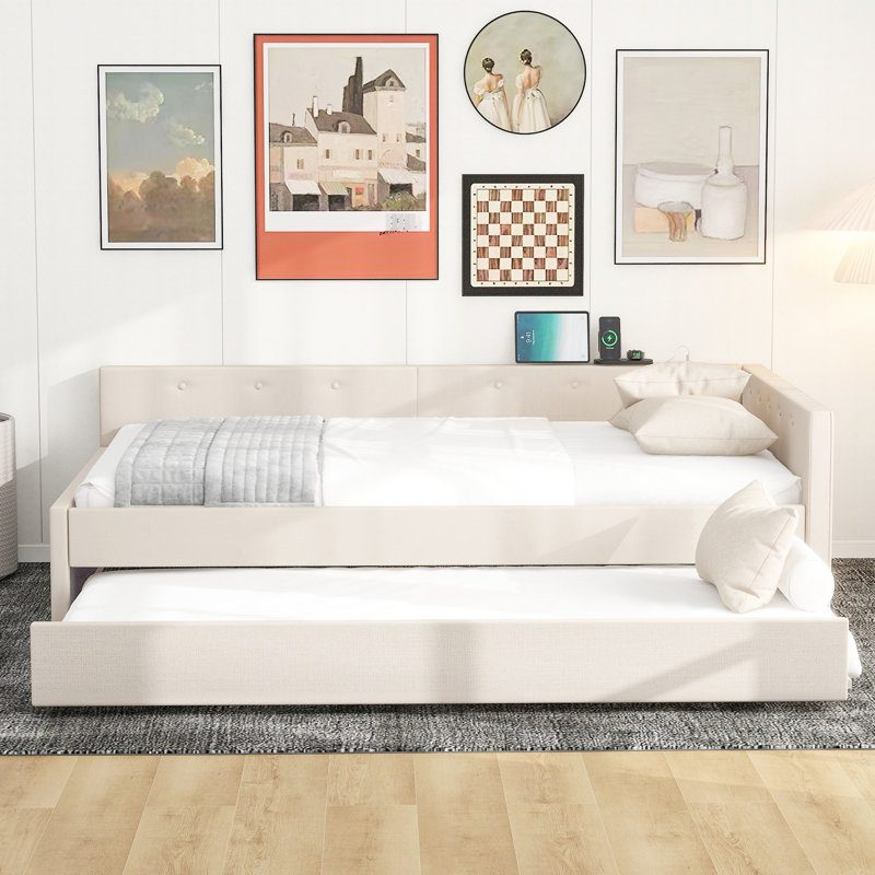 Elegant Beige Bed With And Size Trundle, Solid Build Platform , Trundle In Beige, Robust, Full