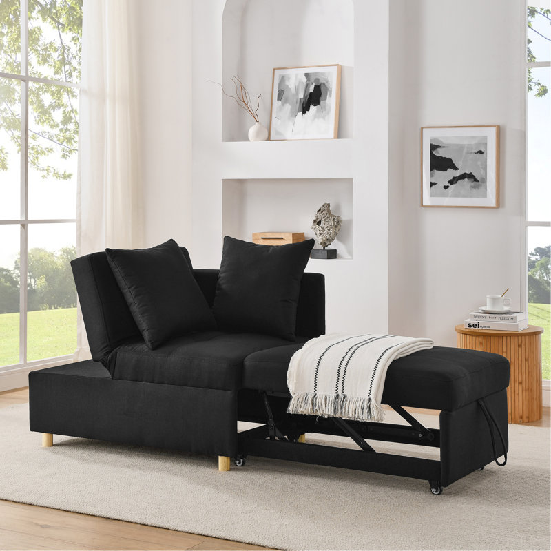 Canapé-lit convertible avec dossier réglable et fauteuil inclinable avec canapé-lit à roulettes, tissu de lin moderne pour le salon pour les espaces restreints, noir