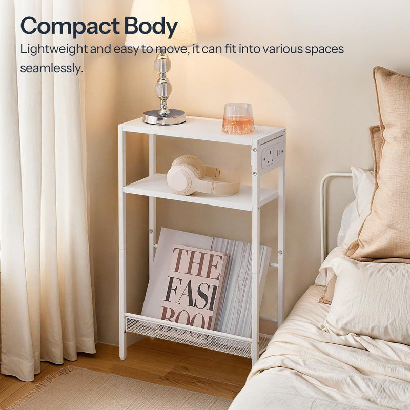 Slim Side Table with Storage, White, White