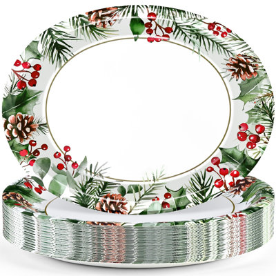 12"x10" Oval Christmas Paper Plates - 400GSM Heavy Duty, Disposable for Xmas Dinner Party 50 Guests