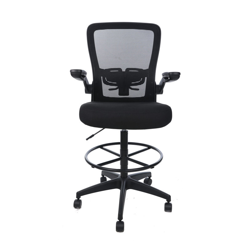 Dea Drafting Stool Chair, Flip-Up Arms, Black Mesh, Chrome Footring, Black