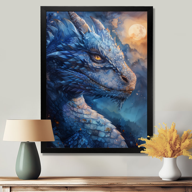  «Blue Moonlit Flight Dragon II - Dragons», reproduction d'art mural, H 20 po x l 12 po x P 1 po, Toile encadrée noire simple