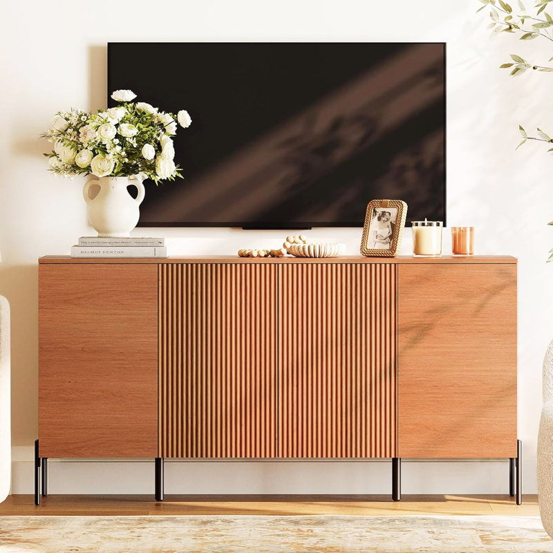 Meuble télé 61 po avec rangement Laverda, meuble télé Reeded, console de télévision en bois avec 4 portes, Moka