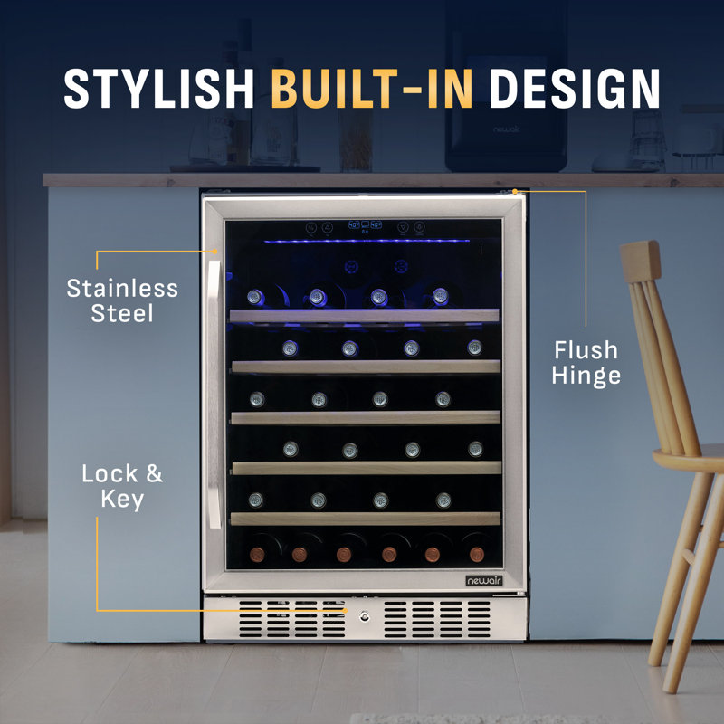 Newair 24" Built-in 52 Bottle Wine Refrigerator in Stainless Steel with Precision Digital Thermostat and Beechwood Shelves