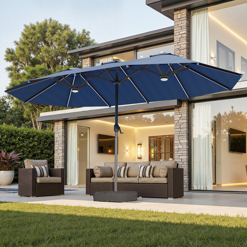 Parasol de marché rectangulaire 8,5 pi x 14,5 pi avec base et lumières DEL à changement de couleur, Bleu très foncé