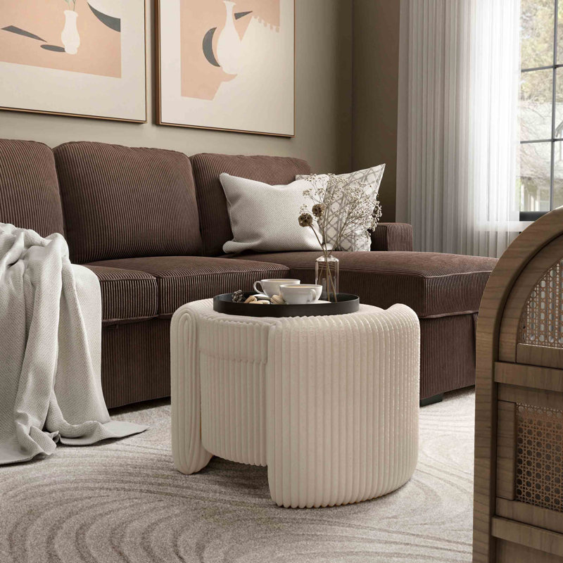 Buckler Round Storage Ottoman, Beige
