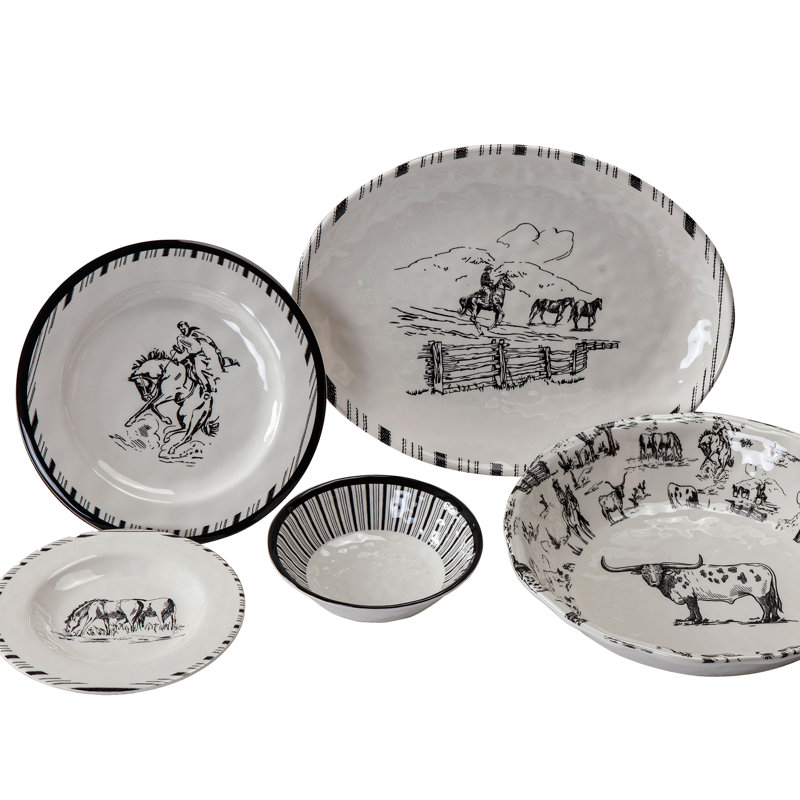 Ranch Life White/Black Melamine Plastic Western Rustic Farmhouse 14 Piece Dinnerware Set