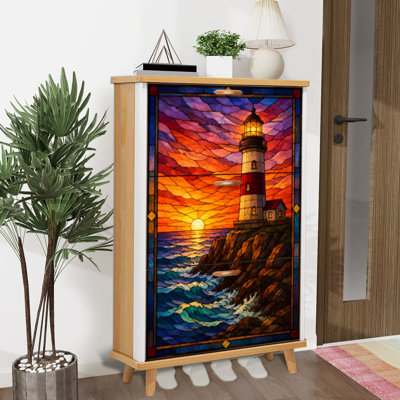 Shoe Storage Cabinet with 3 Flip Drawers for Lighthouse Sea Stained Glass Print Sunset Sky Coastal Nautical Shoe Rack Storage Organizer