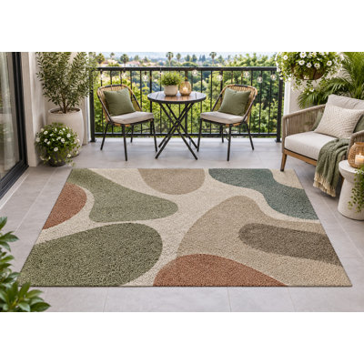 Tapis d'extérieur 152 x 213 cm (5' x 7') à motifs organiques abstraits et colorés, en PVC épais, imperméable et bouclé, idéal pour terrasse, balcon, entrée, véhicule récréatif ou autre espace extérieur. Séchage rapide.