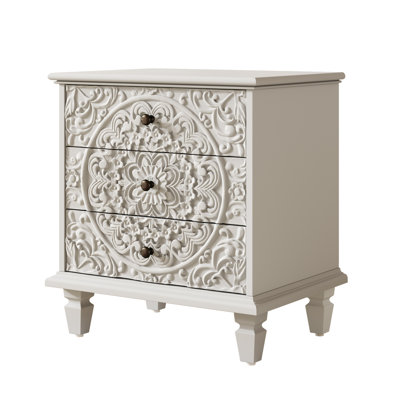 Carved Wood Nightstand with 3 Drawers, Vintage Scrollwork Embossed Accent Chest