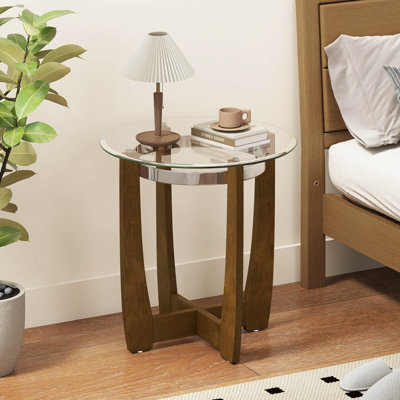1 PCS 24" Round Side Table Glass End Table with Tempered Glass Top Cross Walnut