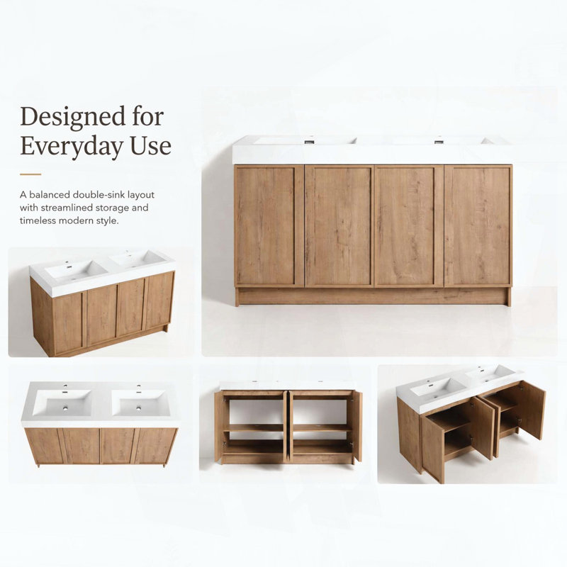 Meuble-lavabo autoportant de 60 pouces avec lavabo double en résine et 4 portes d'armoire à fermeture en douceur, 59.06"W
