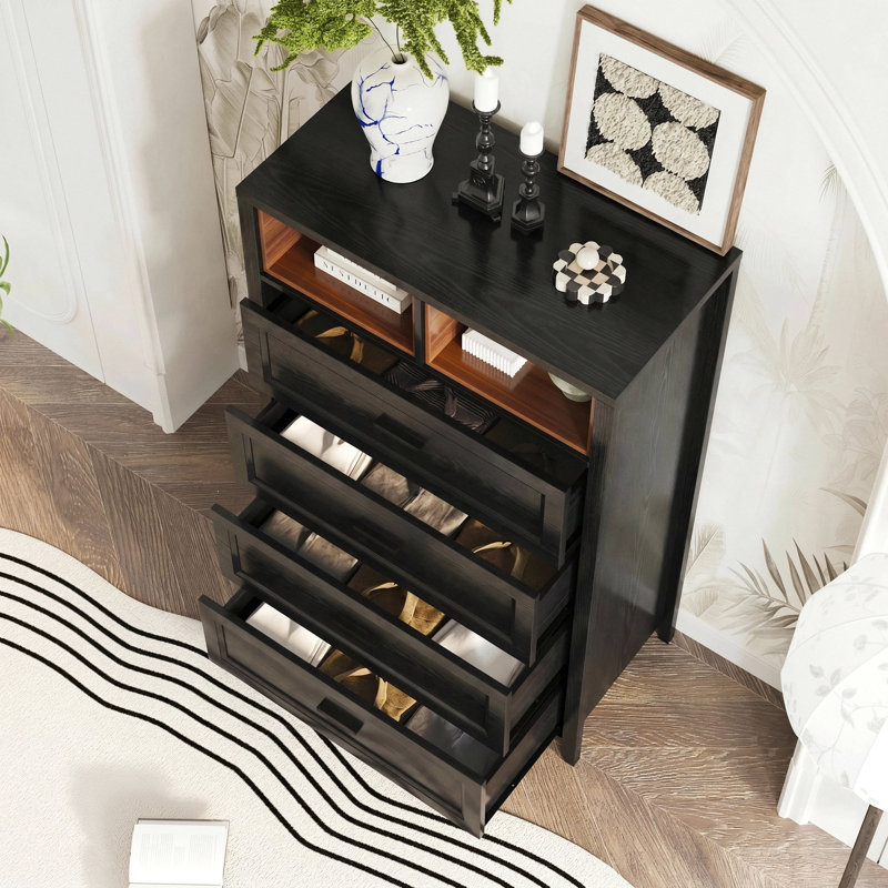 Commode 4 grands tiroirs avec 2 casiers ouverts couleur noyer, Black