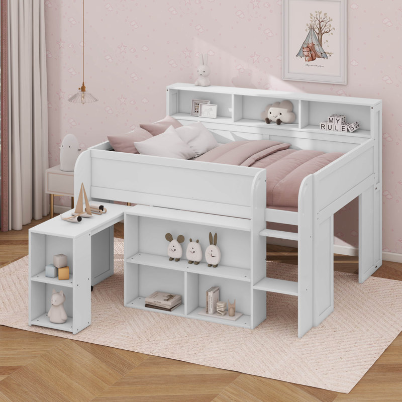 Designs Full Size Loft Bed With Desk, Wood Loft Bed Frame With Storage Shelves, LED Light, White
