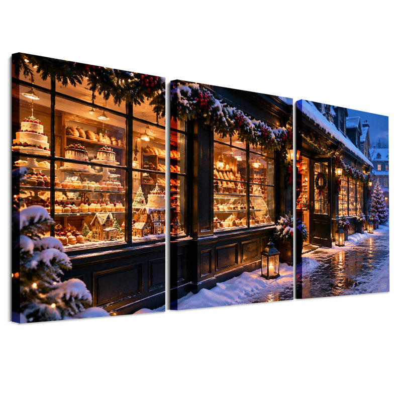 " Snowy Bakery Window Display With Christmas " 3 - Pieces, L 60 po x H 30 po au total - 3 panneaux