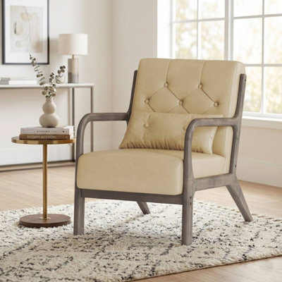 Alcie 25.79" W Tufted Faux Leather Upholstered Armchair with Wooden Armrests & Legs and Pillow