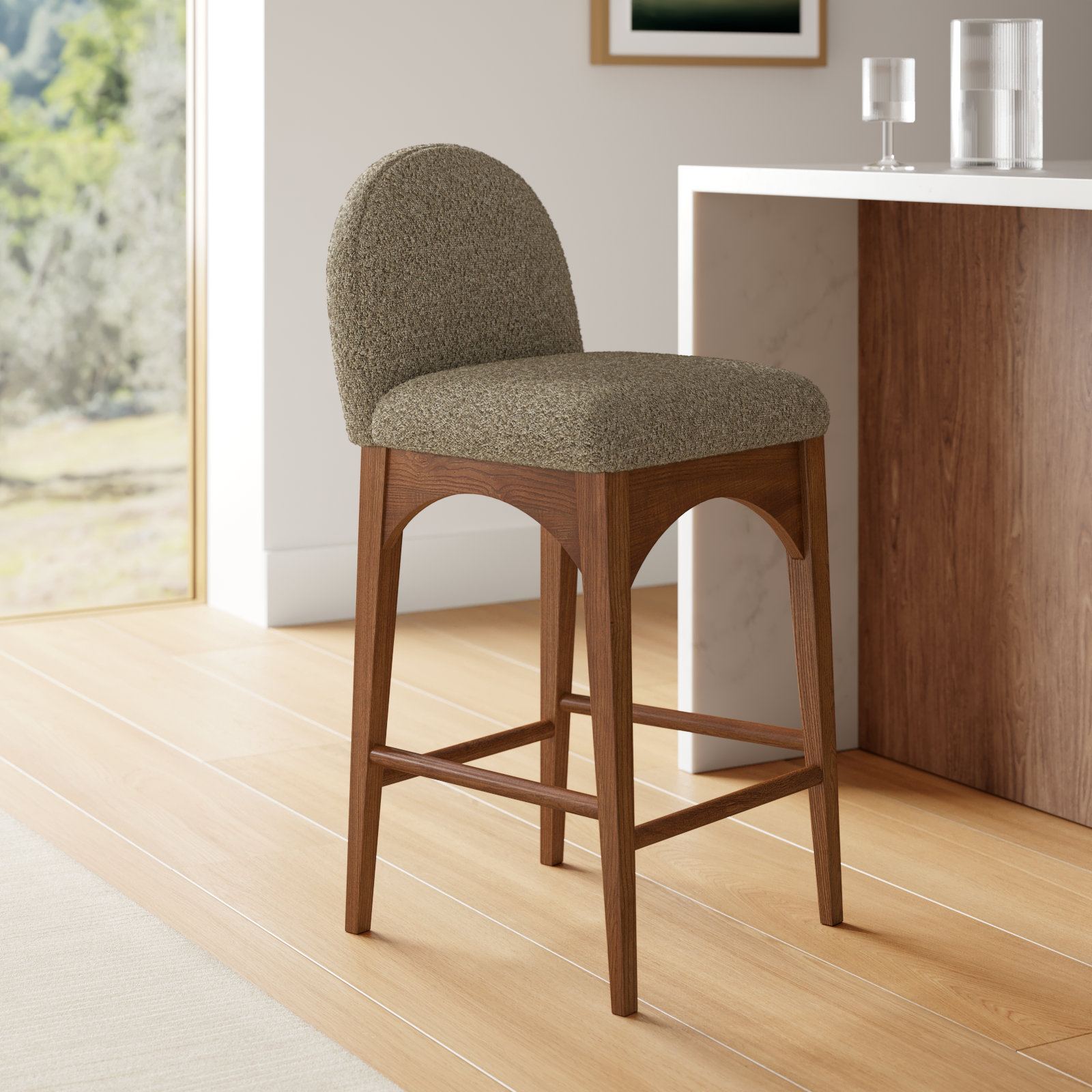 Waldorf 27" Bar Stool, Walnut, Olive Boucle