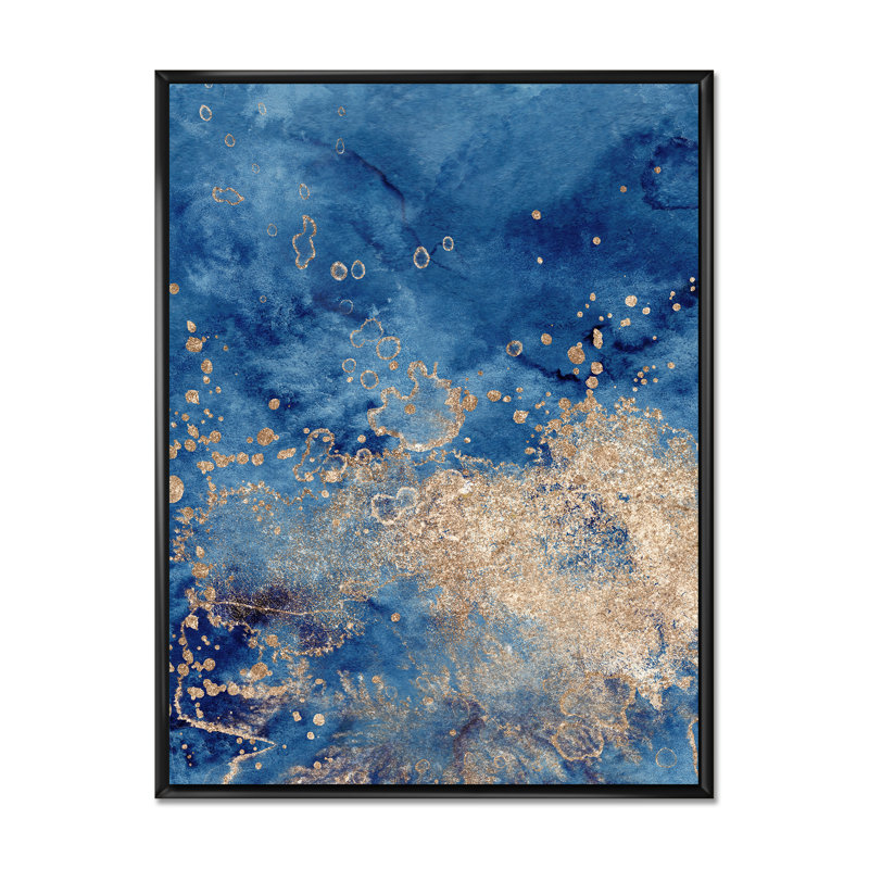 Abstrait classique bleu et or II - peinture sur toile, H 20 po x l 12 po, Cadre flottant noir