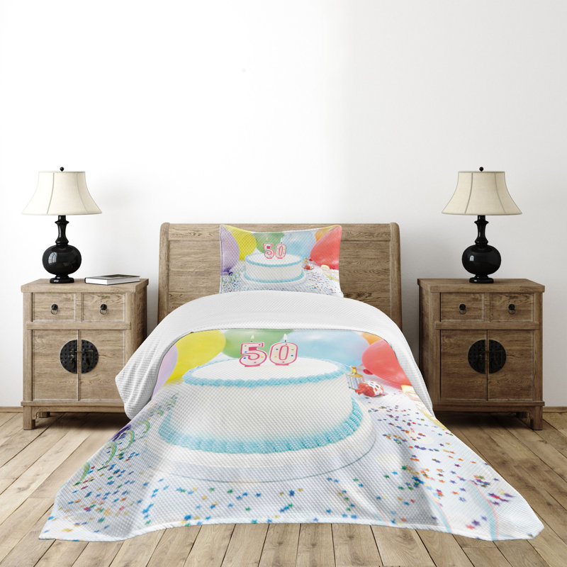 Ambesonne 50th Birthday Bedspread Set Age 50 Cake Party Multicolor, Twin Coverlet/Bedspread + 1 Standard Sham