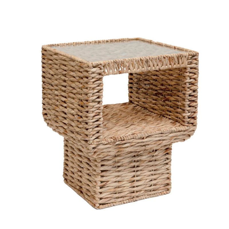 Geometric Woven Side Table With Glass Top