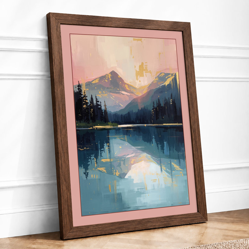 Mountains at Sunrise Scandinavian - Framed Print, A4 - 29.7 x 21.0 cm, Walnut
