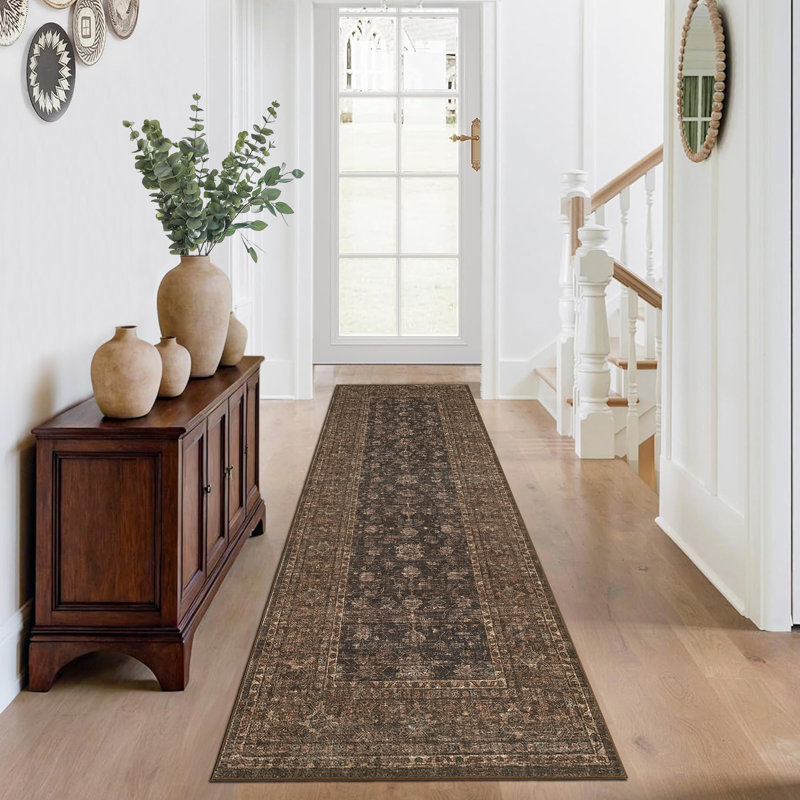Floral Machine Printed Area Rug, Brown, Runner 60 x 230 cm