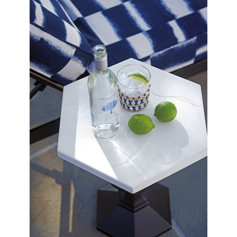 Transitional Black Hexagonal Accent Table with Limestone Top