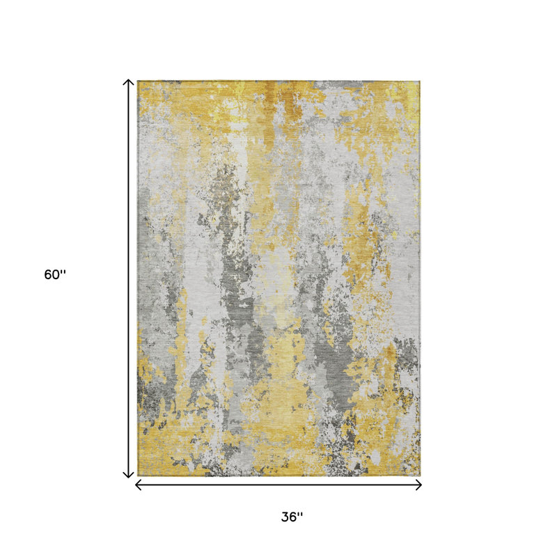 Tapis intérieur lavable abstrait jaune et ivoire 3 pi x 5 pi