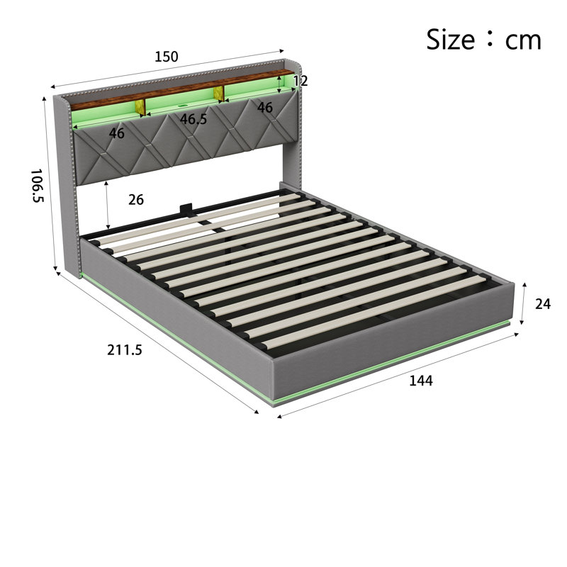 Lift Up Storage Bed Frame, European Double (140 x 200 cm), Grey