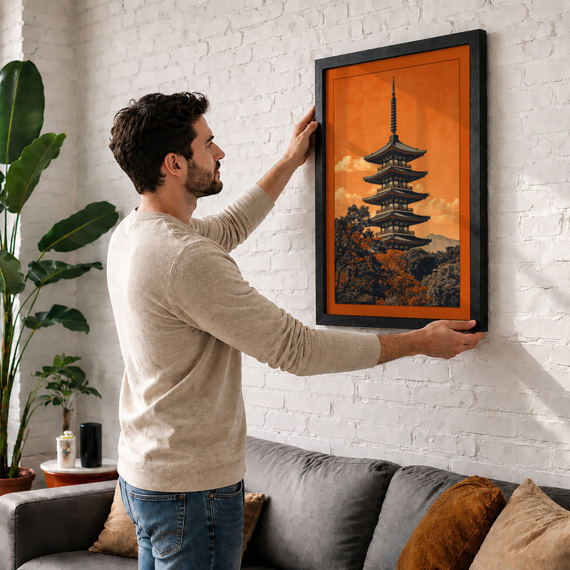 Pagoda at Dusk Japandi - Framed Print, A4 - 29.7 x 21.0 cm, Oak