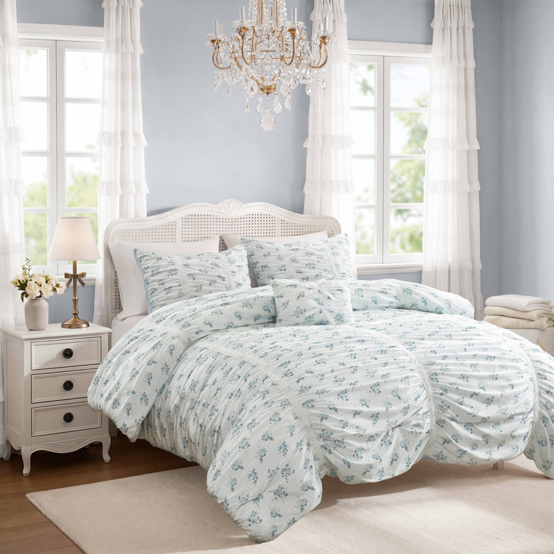 Ensembles de literie bleus froncés, couette florale en microfibre pour lit simple/simple XL