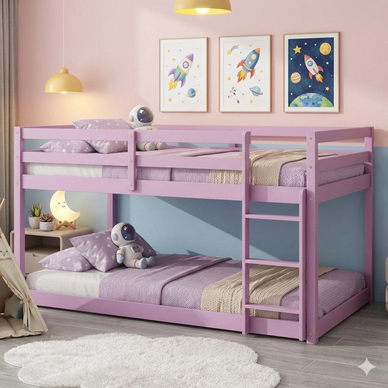 Lit superposé simple au-dessus d'un lit simple en bois massif en bois d'hévéa, comprenant une échelle, des plateformes de couchage supérieure et inférieure avec des lattes renforcées, finition rose