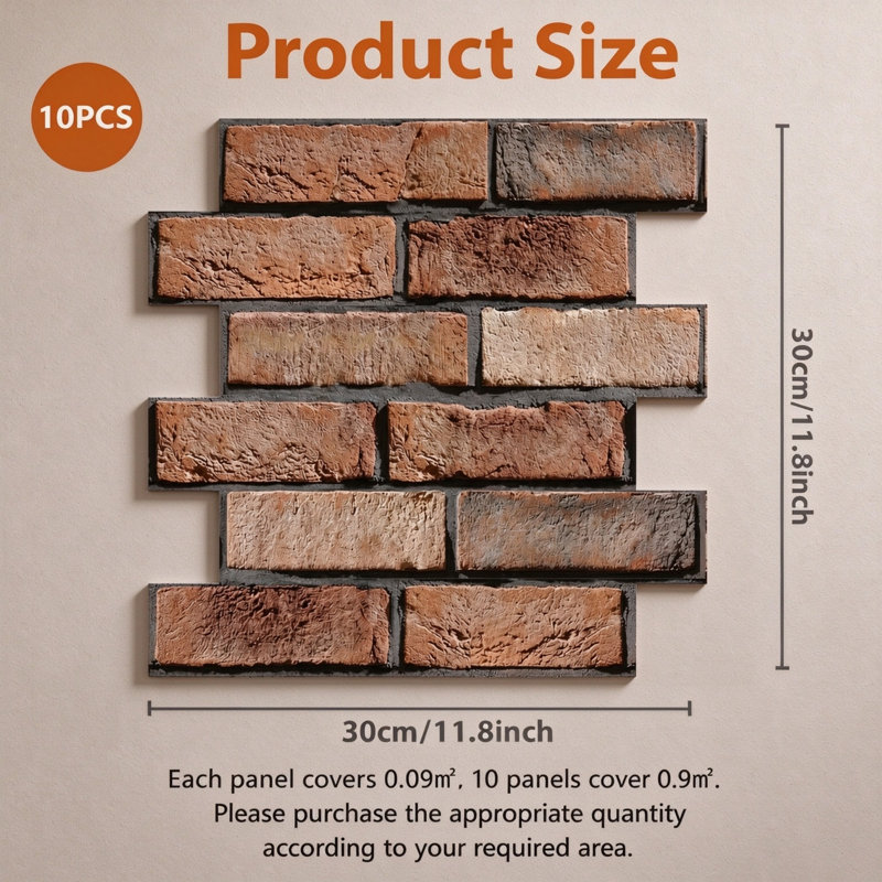 10 Pack 3D Self-Adhesive Brick Effect Wall Panels, Peel and Stick PVC Brick Wallpaper, 30 x 30cm Decorative Wall Cladding for Kitchen, Living Room & Office