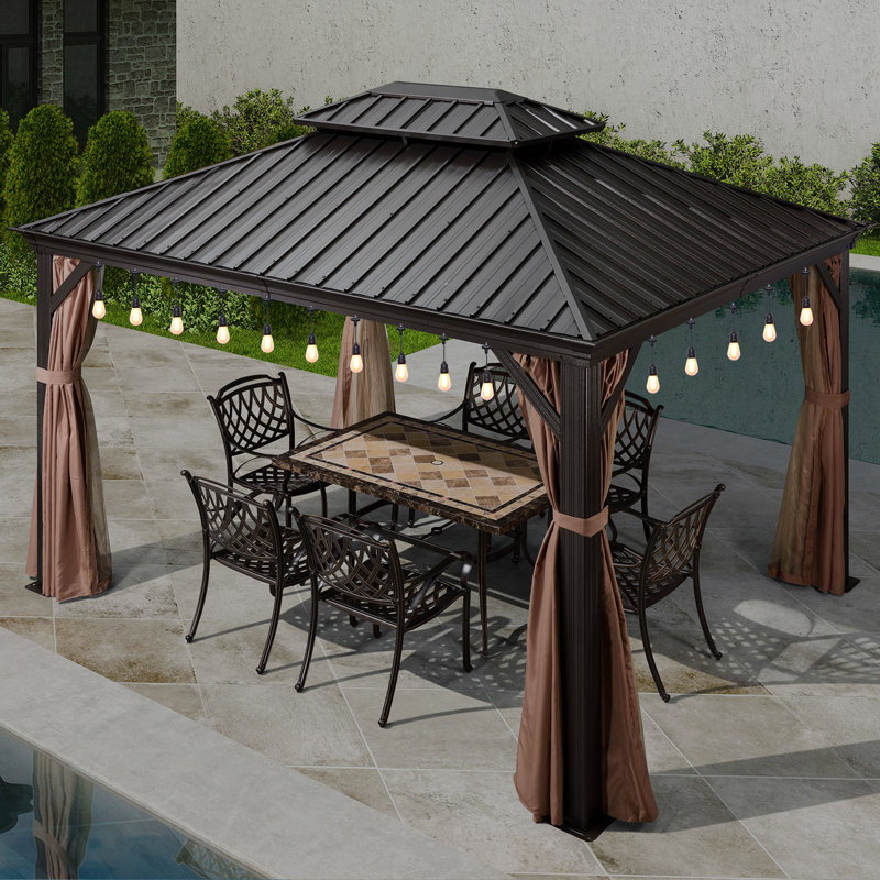 Pavillon de jardin à toit rigide en aluminium mauve 10 pi x 13 pi avec guirlandes lumineuses 48 pi