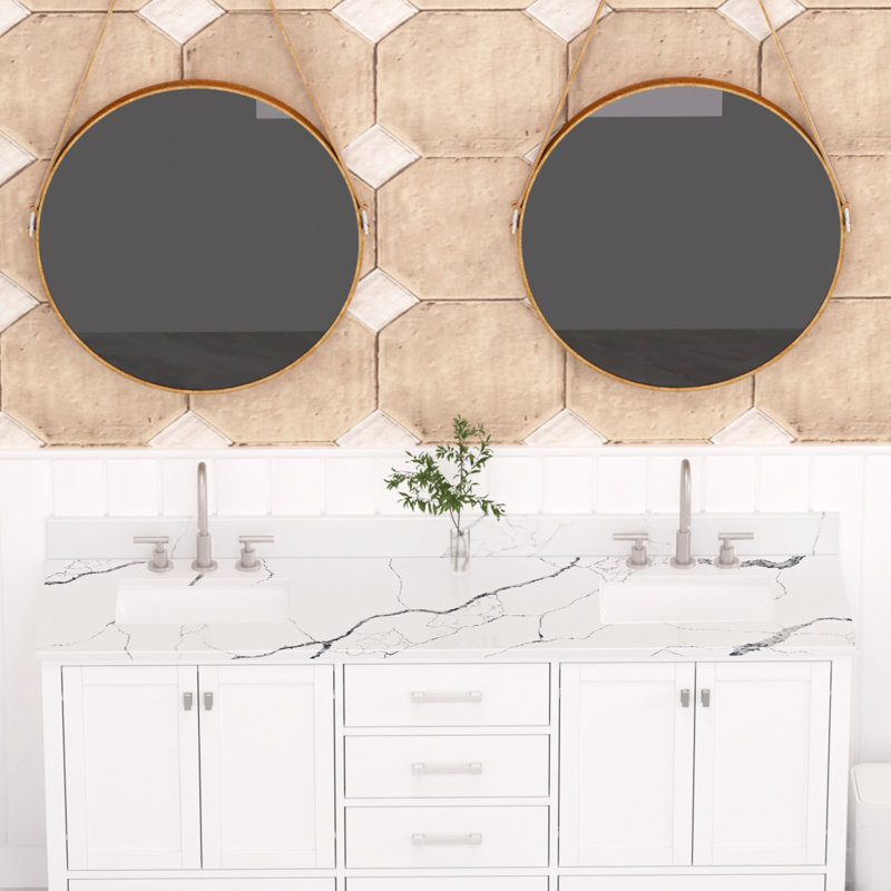 Plan de toilette double lavabo en quartz blanc de 183 cm (72 po) avec lavabo encastré en céramique et dosseret., 72