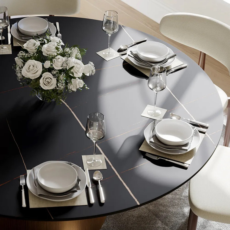 Table de salle à manger moderne en pierre frittée moderne avec base piédestal, H 29,5 po x L 51 po x l 51 po, Noir, Bronze
