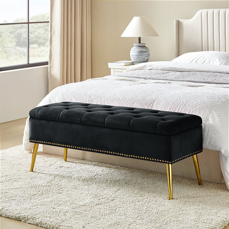 Banc de rangement rembourré en velours Kajana, Velours noir