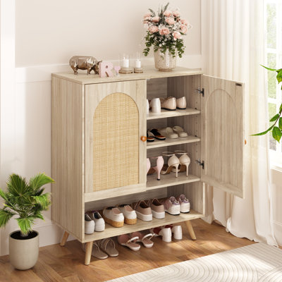 Boho Rattan Shoe Storage Cabinet with 2 Doors – Adjustable Shelves – Versatile Wooden Entryway Organizer for Hallway, Living Room, Dining Room – Sideboard Buffet- Natural Oak