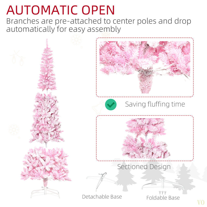 Arbre de Noël artificiel enneigé 7,5 pi avec forme de crayon, branches réalistes en pin, lumières DEL chaudes, ouverture automatique