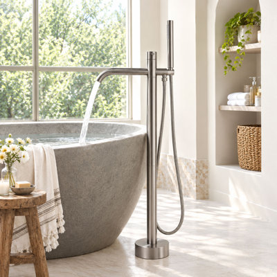 Robinet de baignoire autoportant 34 po à poignée simple moderne en acier inoxydable avec douche à main 34 po