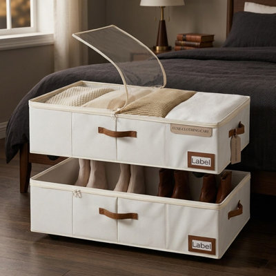 Underbed Storage with Wheels 10 Inch High 90L Clothes Organizer with Lid for Blankets Bedding Shoes 2 Pack Beige