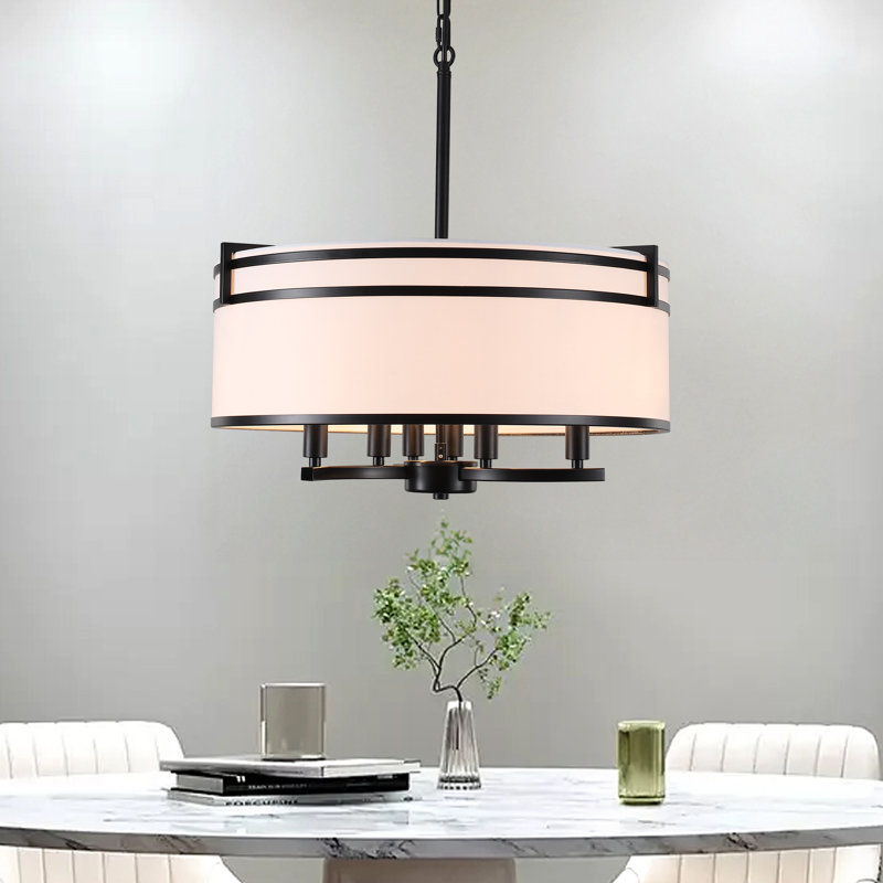 6- Light Dimmable Modern Farmhouse Drum Chandelier with Round Linen Shade, Matte Black
