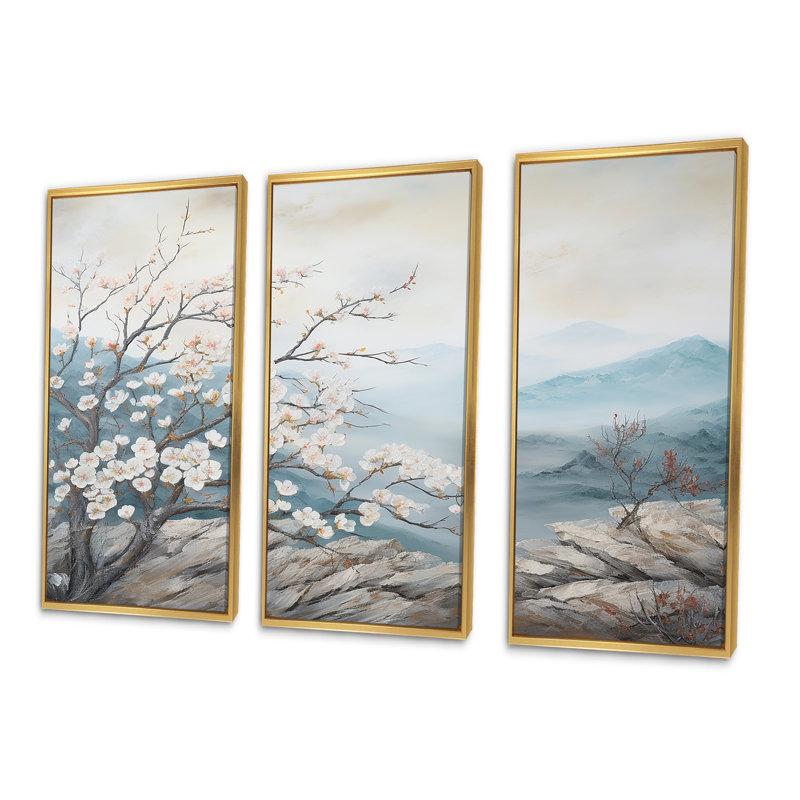 Ensemble de salon art japonais avec cornouiller Flowers Hill IV, Cadre flottant doré, H 40 po x l 60 po x P 1 po
