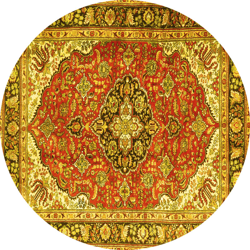Tapis oriental jaune / orange / olive en polyester / chenille tissé à la machine, Rond 4 pi