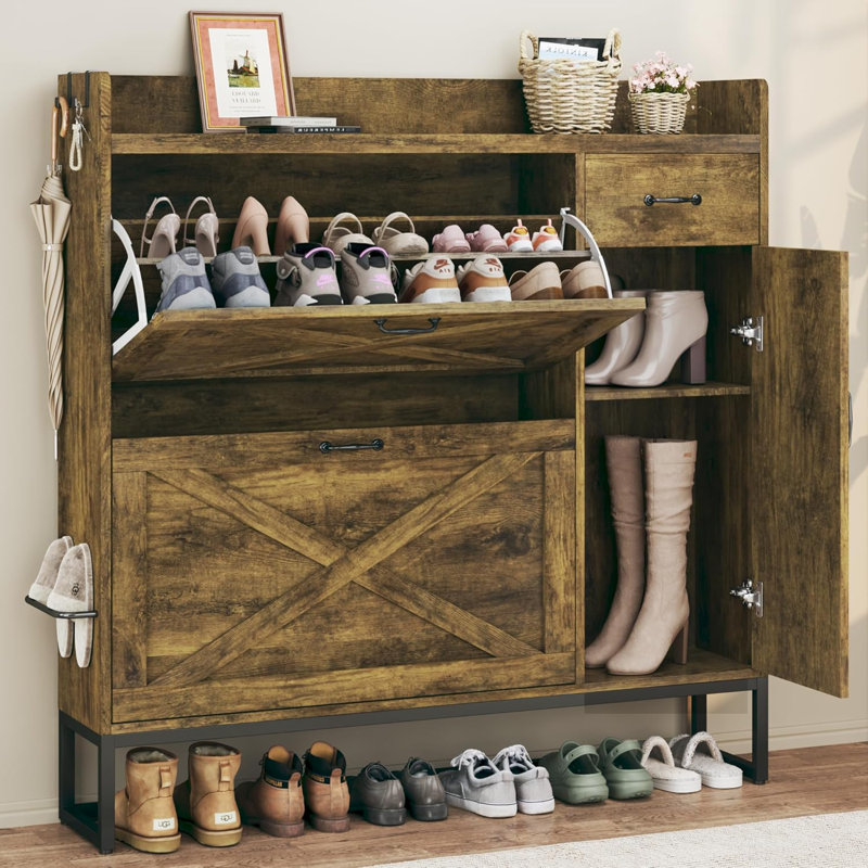 Armoire de rangement pour chaussures avec tiroirs rabattables, tablettes réglables et support mural - Rangement pour vestibule et couloir